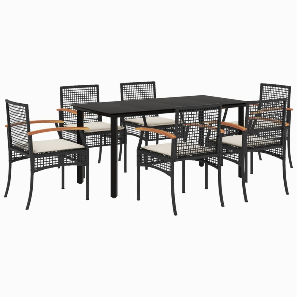 Ensemble à manger de jardin coussins 7pcs noir résine tressée