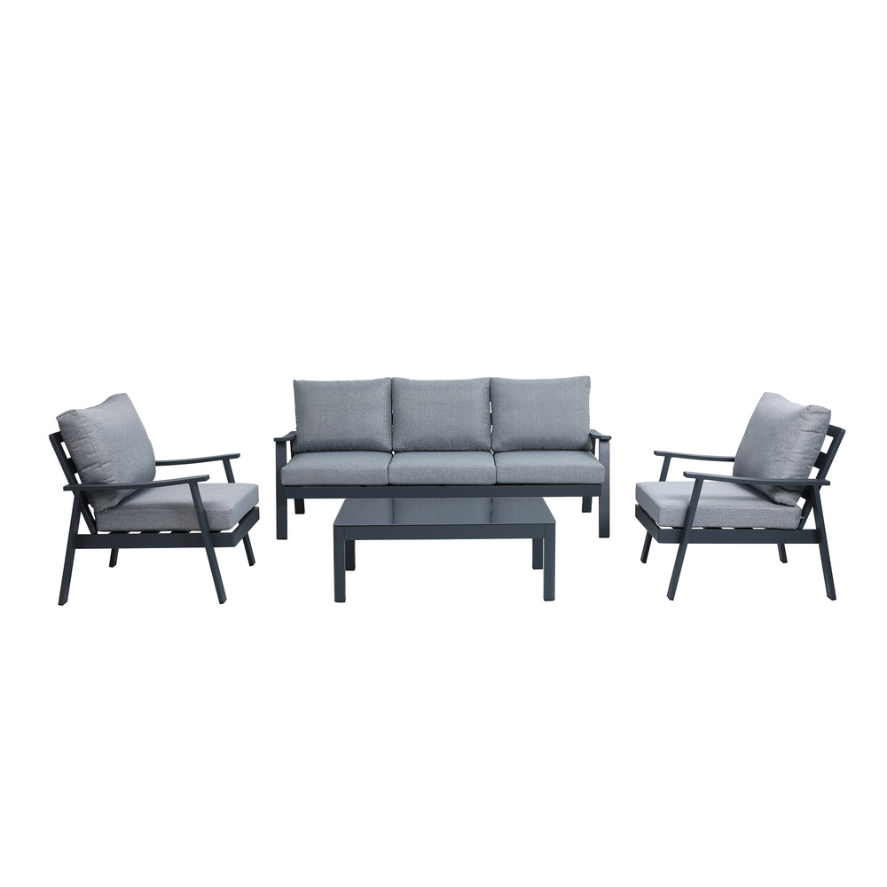 Salon de jardin MOD NERJA. 4 pièces en aluminium gris anthracite avec coussins assise et dossier en tissu gris clair
