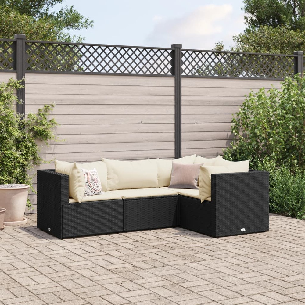 Salon de jardin 4 pcs avec coussins noir résine tressée