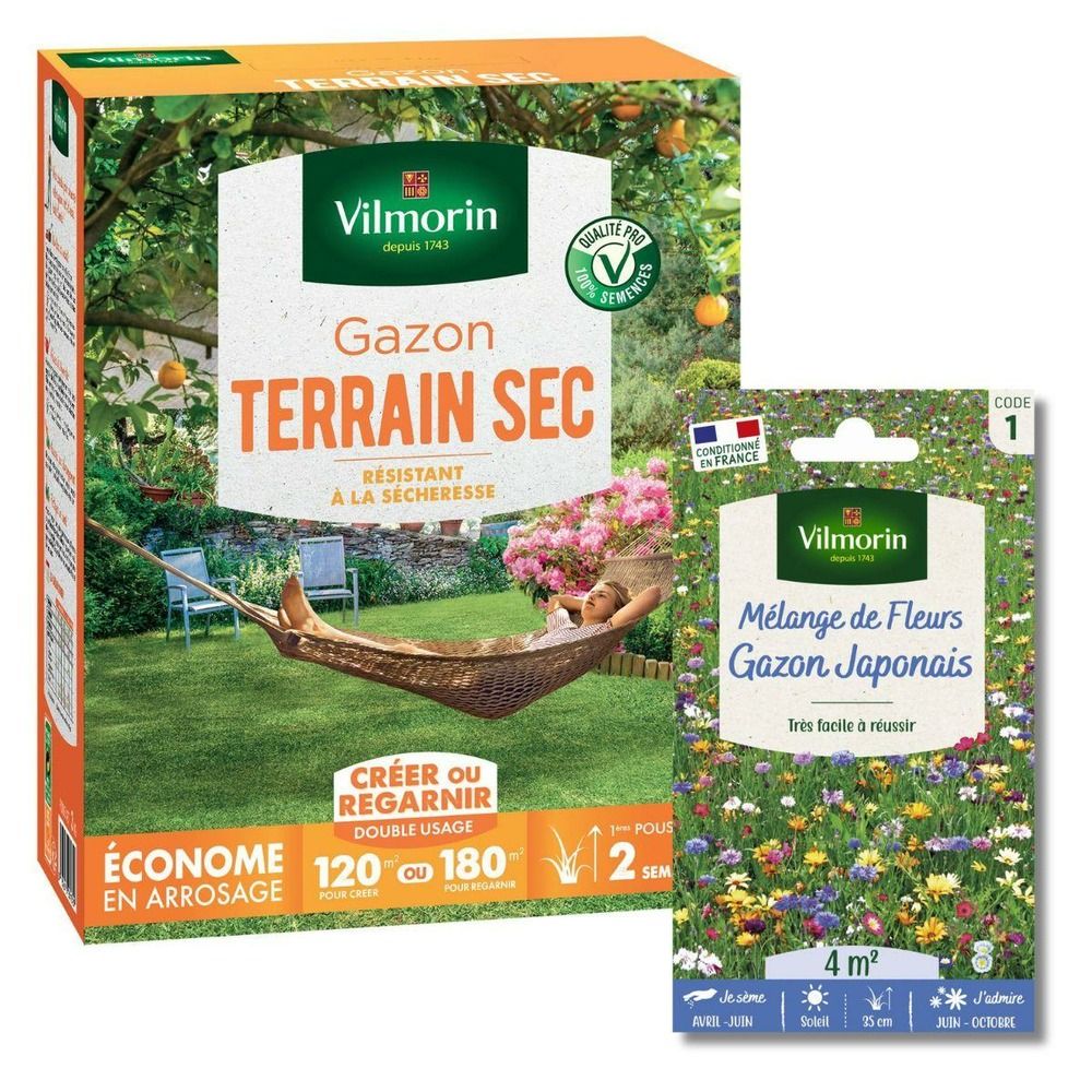 Gazon terrain sec - 3 kg + gazon japonais - 4 m² - mélange de fleurs