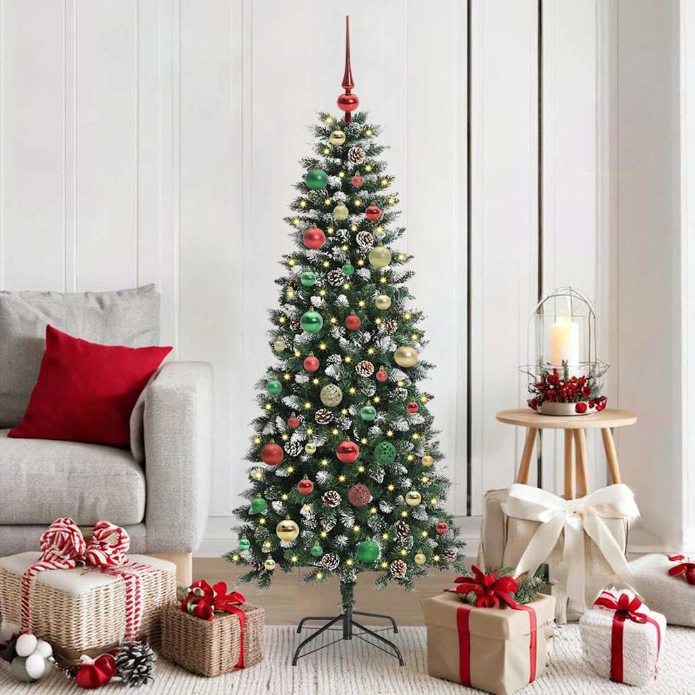 Grand sapin de noël lumineux 1.5m effet neige, kit complet avec boules et guirlande led usb
