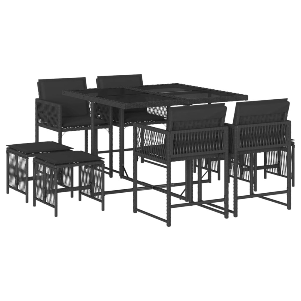 Ensemble à manger de jardin 9pcs coussins noir résine tressée