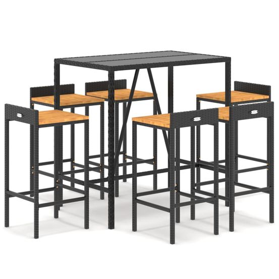 Ensemble de bar jardin 7 pcs noir poly rotin/bois massif acacia
