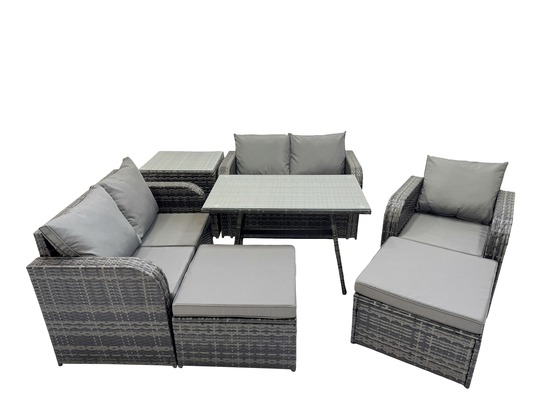 7 places ensemble de meubles de jardin en rotin avec table à manger fauteuil canapé d'amour 2 grand tabourets table d'appoint