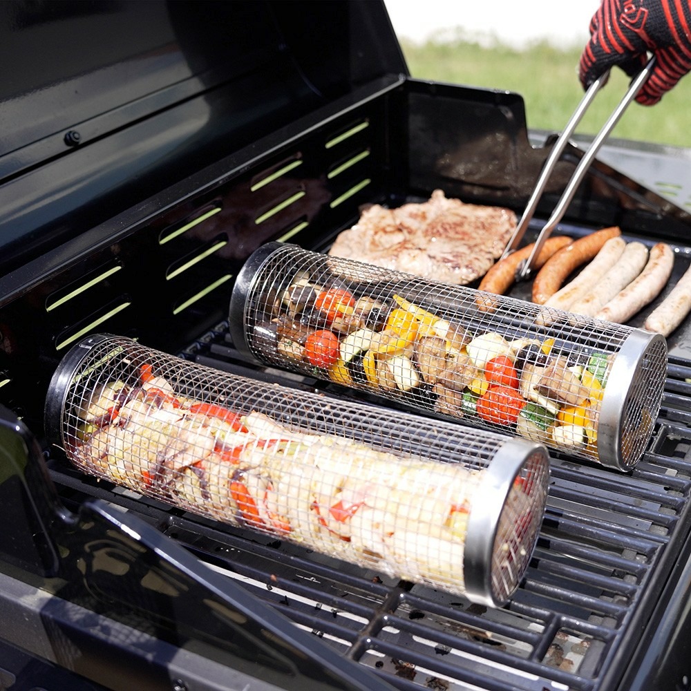 Selection- paniers cylindriques de cuisson pour barbecue -grillades à 360°-lot de 2 grilles 30cm en acier inoxydable