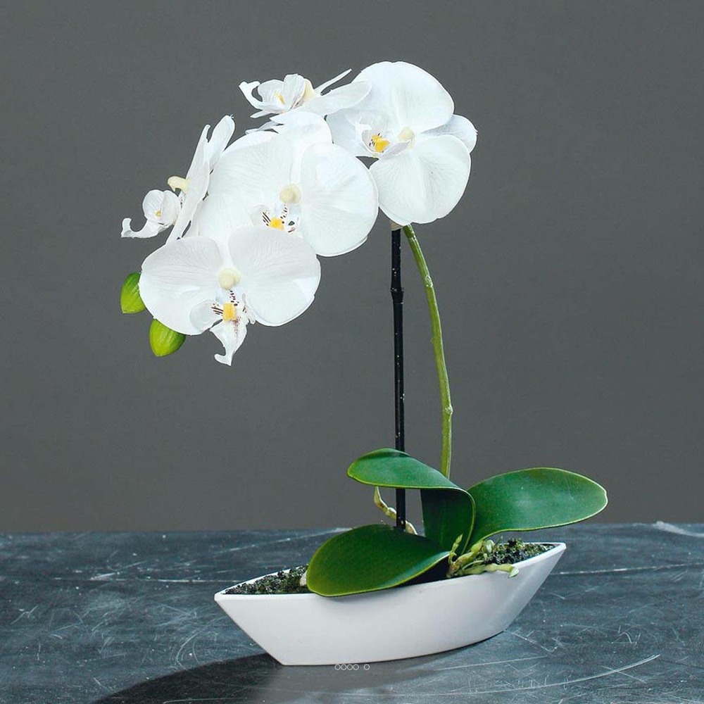 Orchidée factice tissu gaufré pot résine blanc ovale h28cm crème - couleur: crèm