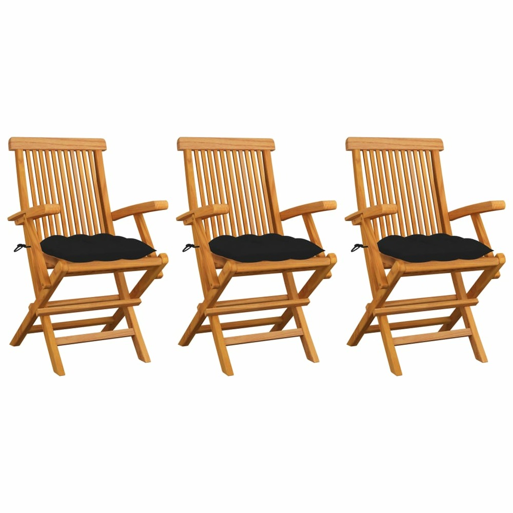 Chaises de jardin avec coussins noir lot de 3 bois teck massif