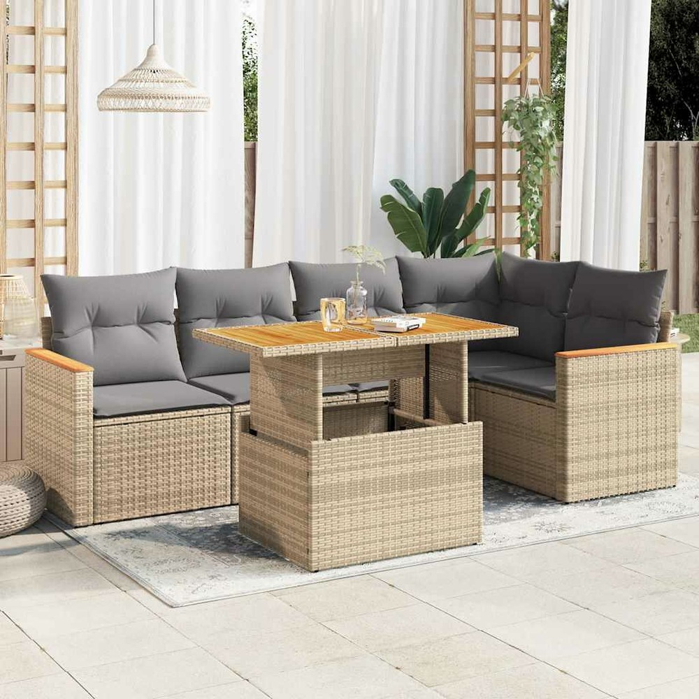 Salon de jardin 6 pcs avec coussins beige résine tressée acacia
