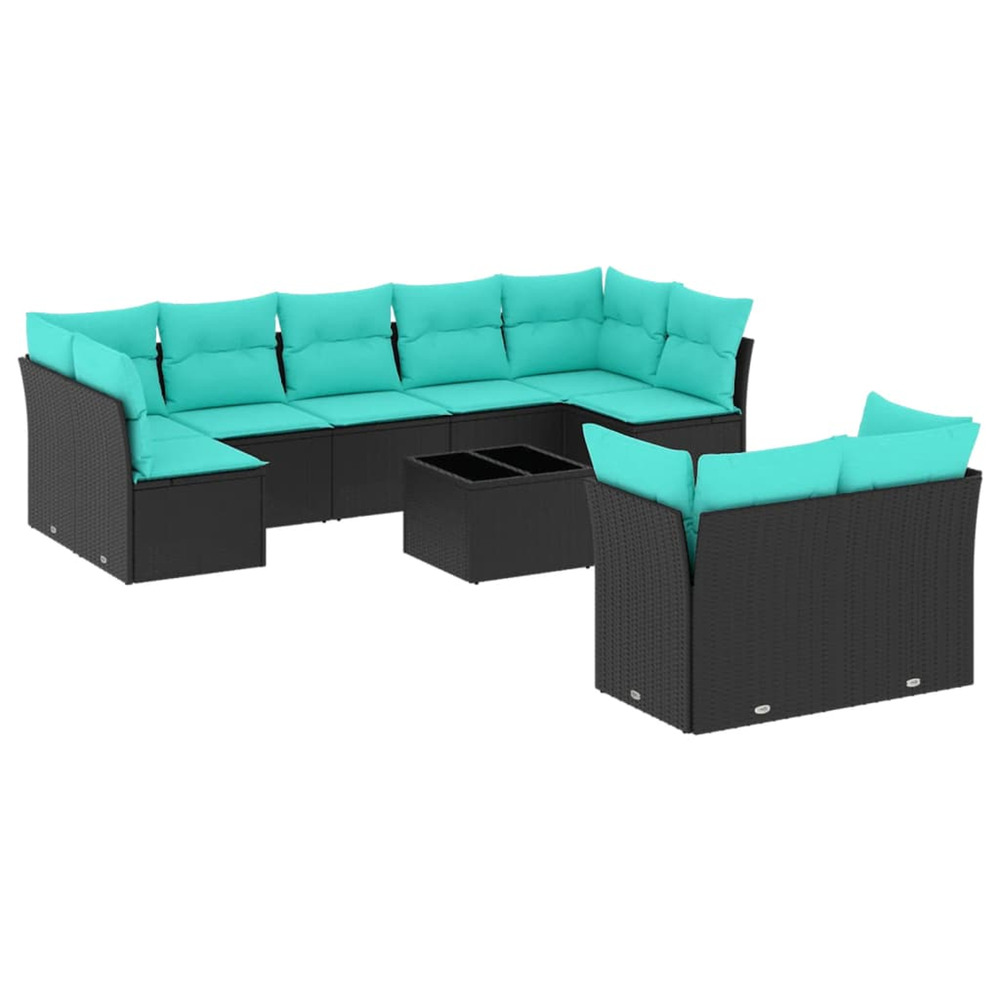 Salon de jardin 10 pcs avec coussins noir résine tressée