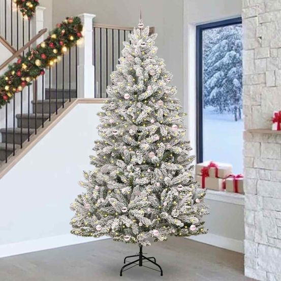 Arbre de noël géant 2,7m enneigé et lumineux, kit déco complet avec boules et cimier