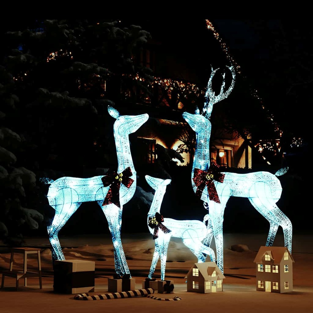 Décoration de noël famille de rennes blanc et argenté 201 led