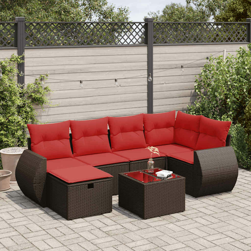 Salon de jardin avec coussins 7 pcs marron résine tressée