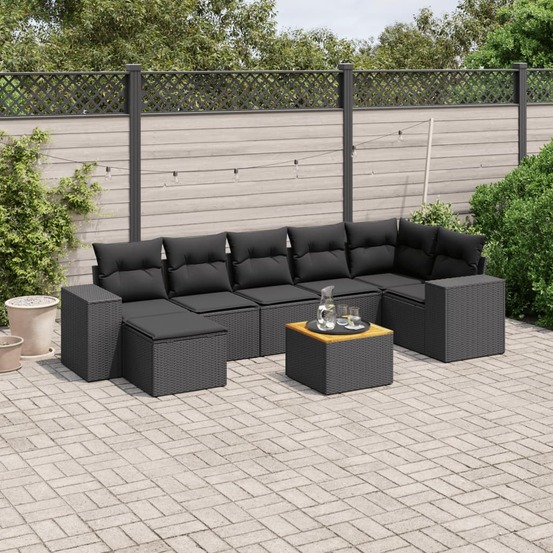 Salon de jardin 8 pcs avec coussins noir résine tressée