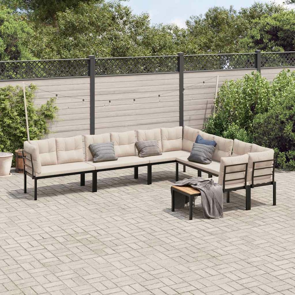 Salon de jardin avec coussins 6 pcs noir acier enduit de poudre
