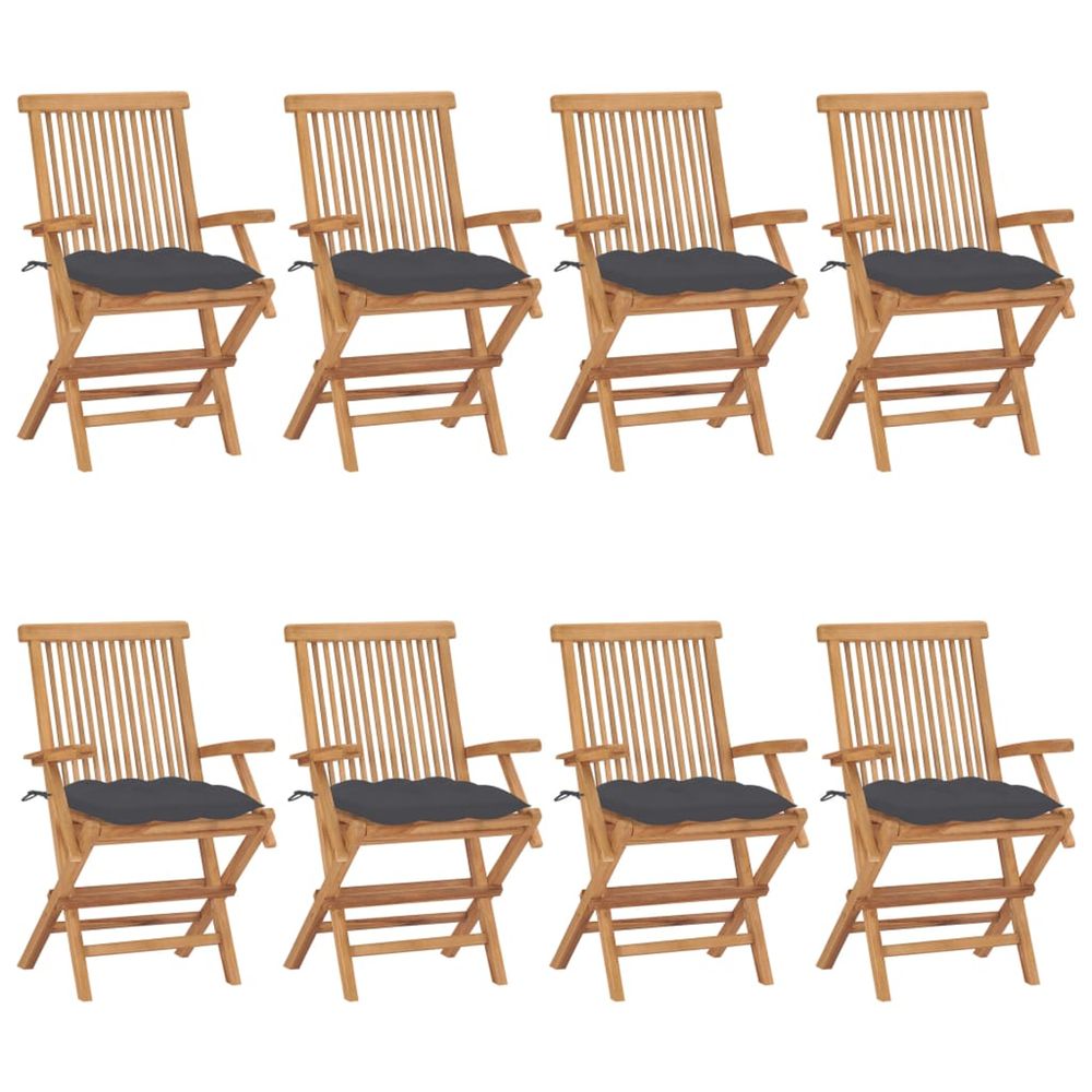 Chaises pliantes avec coussins anthracite, 8 pièces, en teck massif