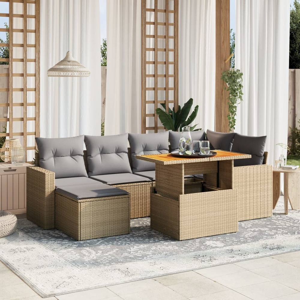 Salon de jardin avec coussins 7 pcs beige résine tressée