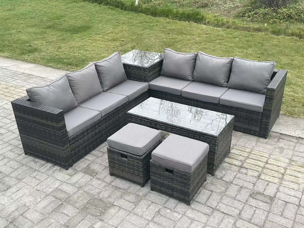 Ensemble de meubles de jardin en rotin ave canapé d'angle table basse table d'appoint 2 tabourets mélange gris foncé