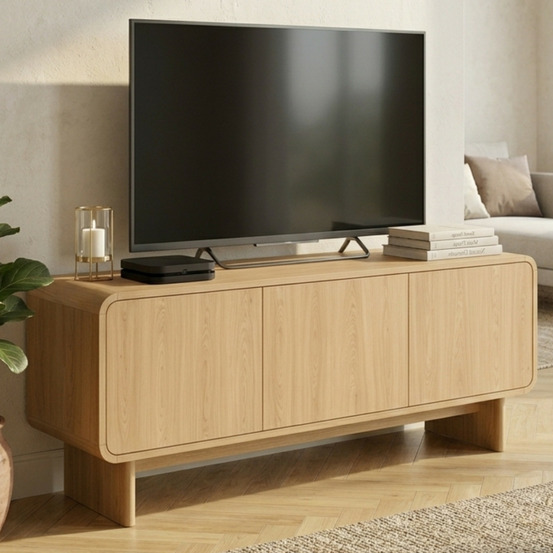 Meuble tv 140 cm capucine 3 portes façon hêtre design arrondi