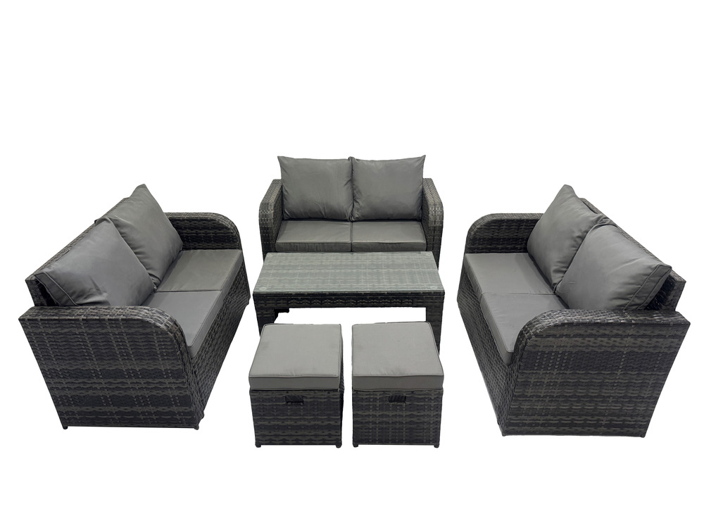 Ensemble de meubles de jardin en polyrotin 6 pièces avec table basse rectangulaire canapé à deux places 2 petits tabourets