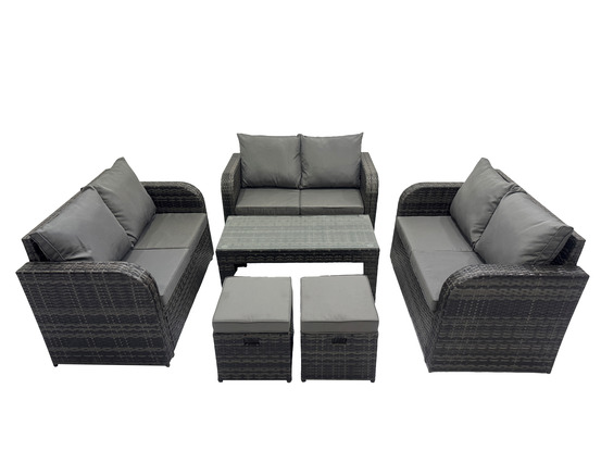 Ensemble de meubles de jardin en polyrotin 6 pièces avec table basse rectangulaire canapé à deux places 2 petits tabourets