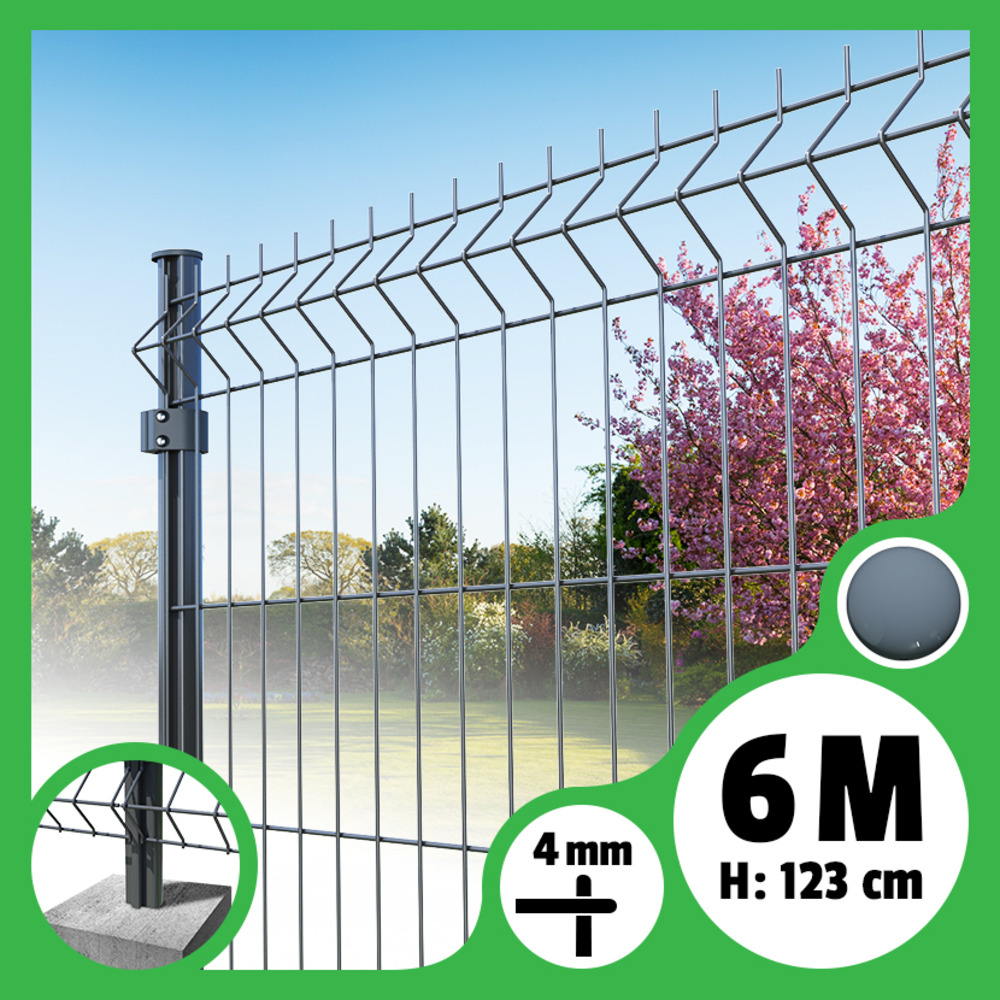 Kit grillage rigide poteaux ronds - longueur 6 mètres - 123 cm, gris anthracite, a sceller