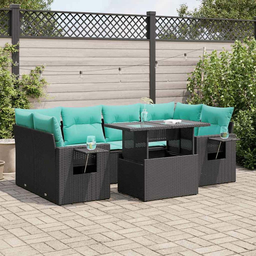 Salon de jardin avec coussins 7pcs noir résine tressée acacia