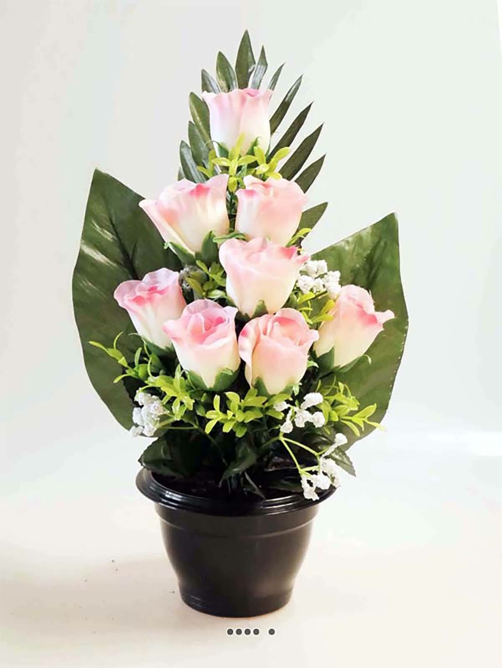 Composition fleurs artificielles pour cimetière pot roses et gypsophiles h 38 cm d 25 cm rose-crème - couleur: rose-crème