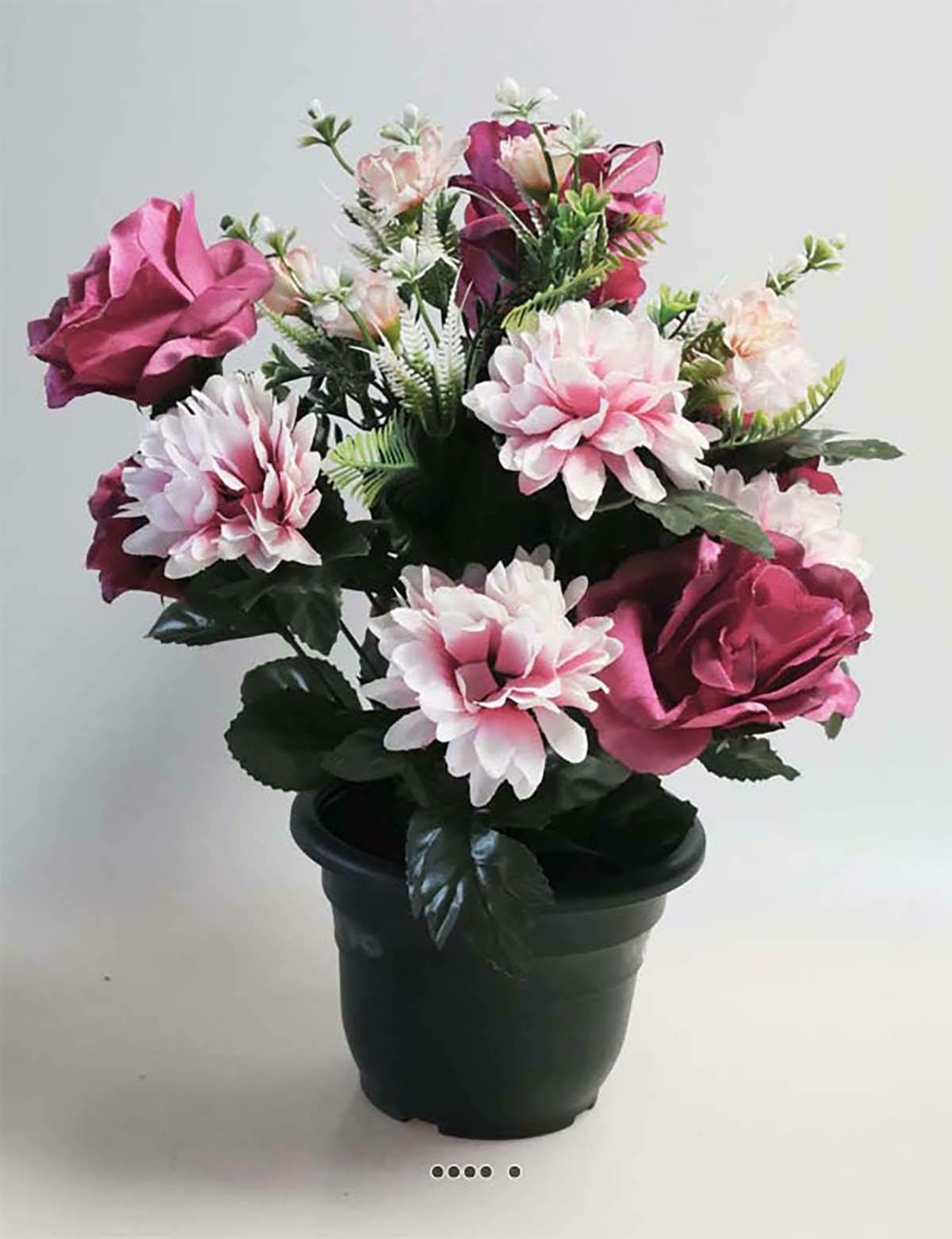 Fleurs artificielles pour cimetière en pot roses et dahlias pompons h40cm d28cm