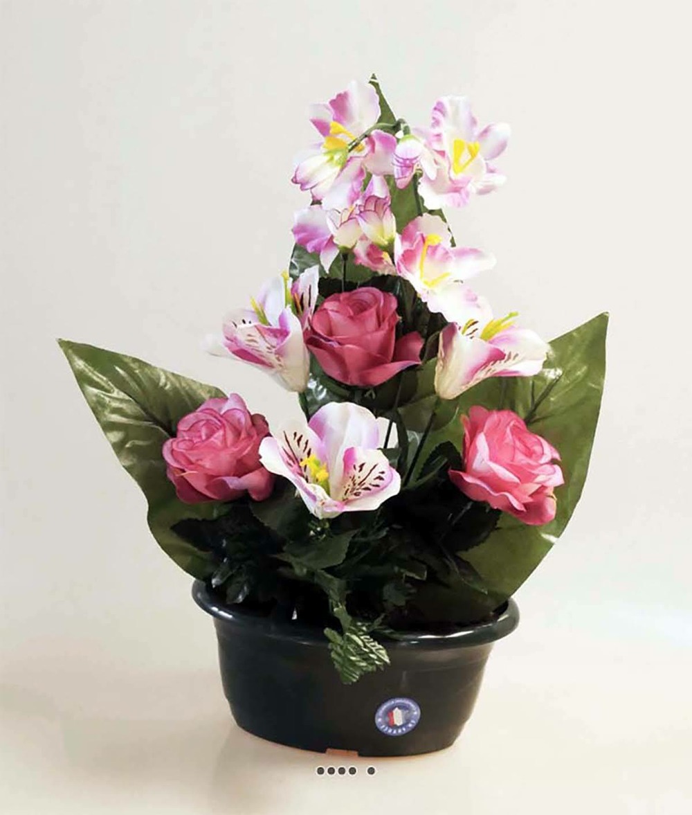 Composition fleurs artificielles pour cimetière mini-jardinière ovale -  couleur: rose soutenu | Truffaut