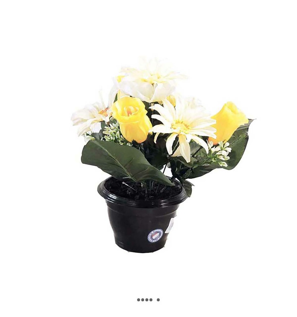 Composition de fleurs artificielles pour cimetière pot roses et gerberas h 29 cm