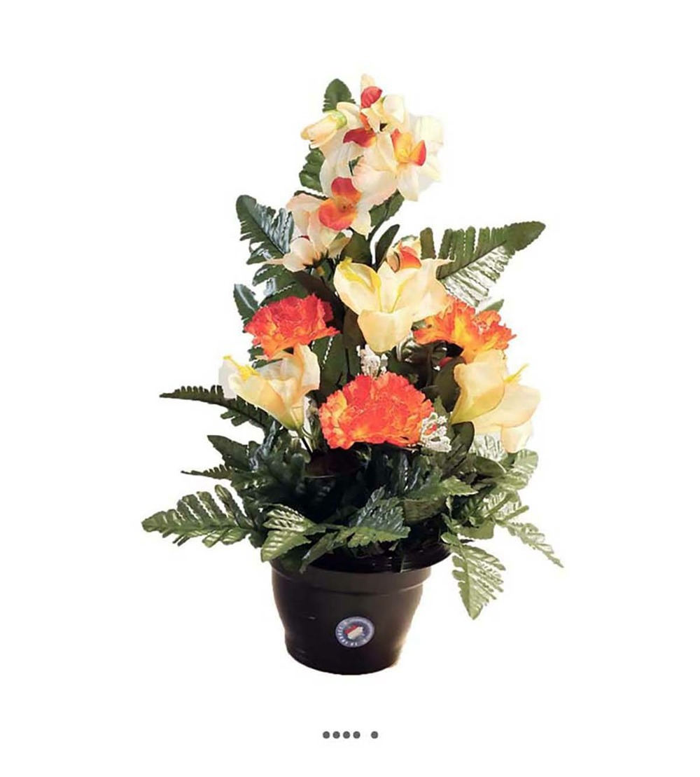 Composition fleurs artificielles pour cimetière pot oeillets, orchidées