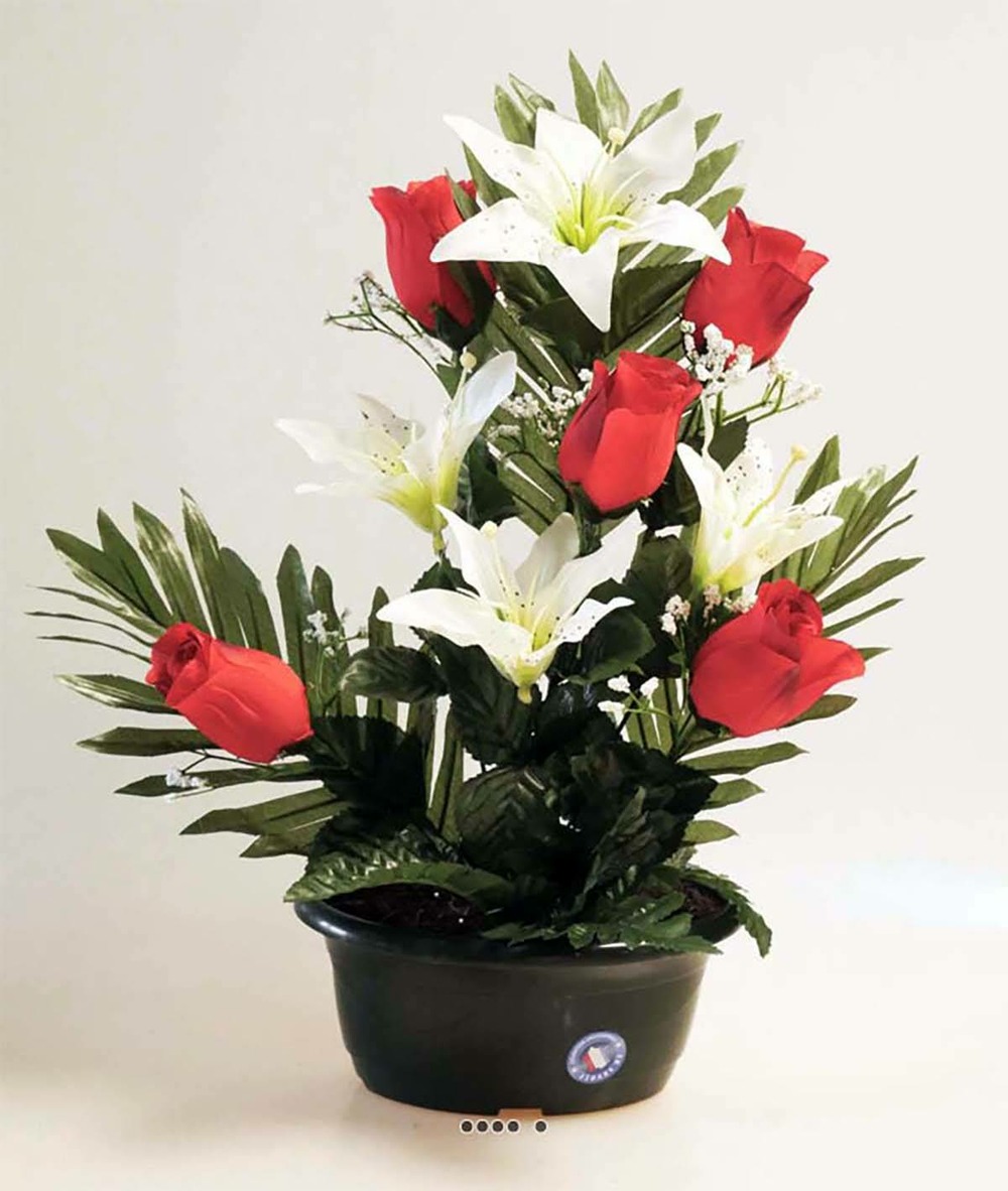 Composition fleurs artificielles pour cimetière mini-jardinière ovale roses  et lys H 42 cm L 30 cm - couleur: Rouge-blanc | Truffaut