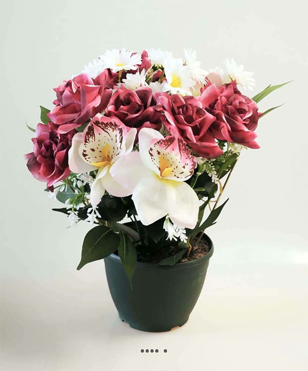 Composition fleurs artificielles pour cimetière pot roses, marguerites et  orchid | Truffaut