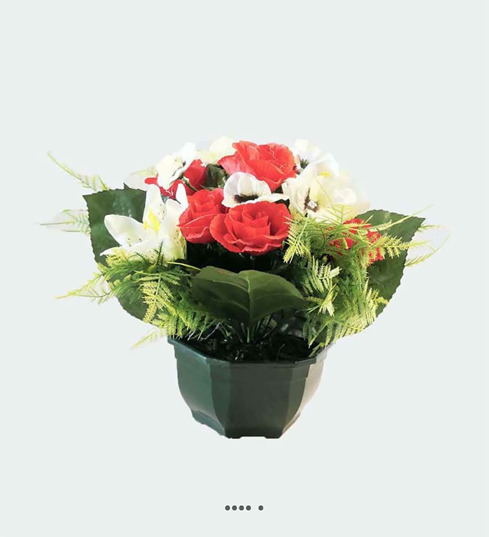 Composition fleurs artificielles pour cimetière vasque roses, lys et pensées h 2