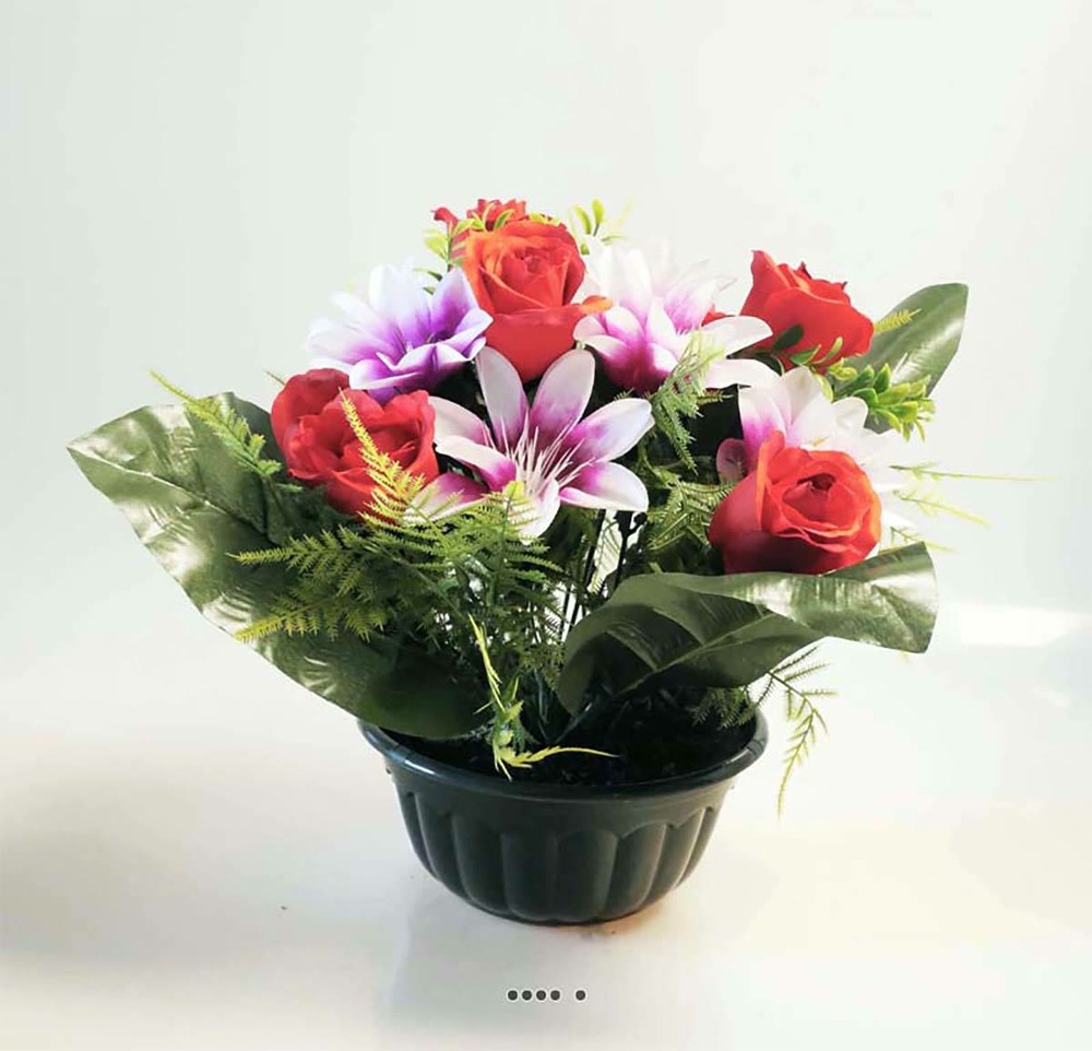 Composition fleurs artificielles pour cimetière vasque roses et mini lys h 35 cm