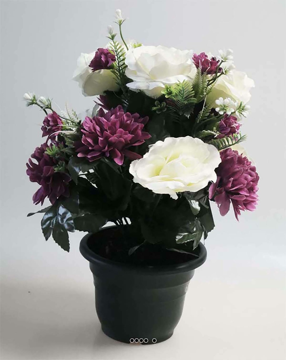 Fleurs artificielles pour cimetière en pot roses et dahlias pompons h40cm d28cm