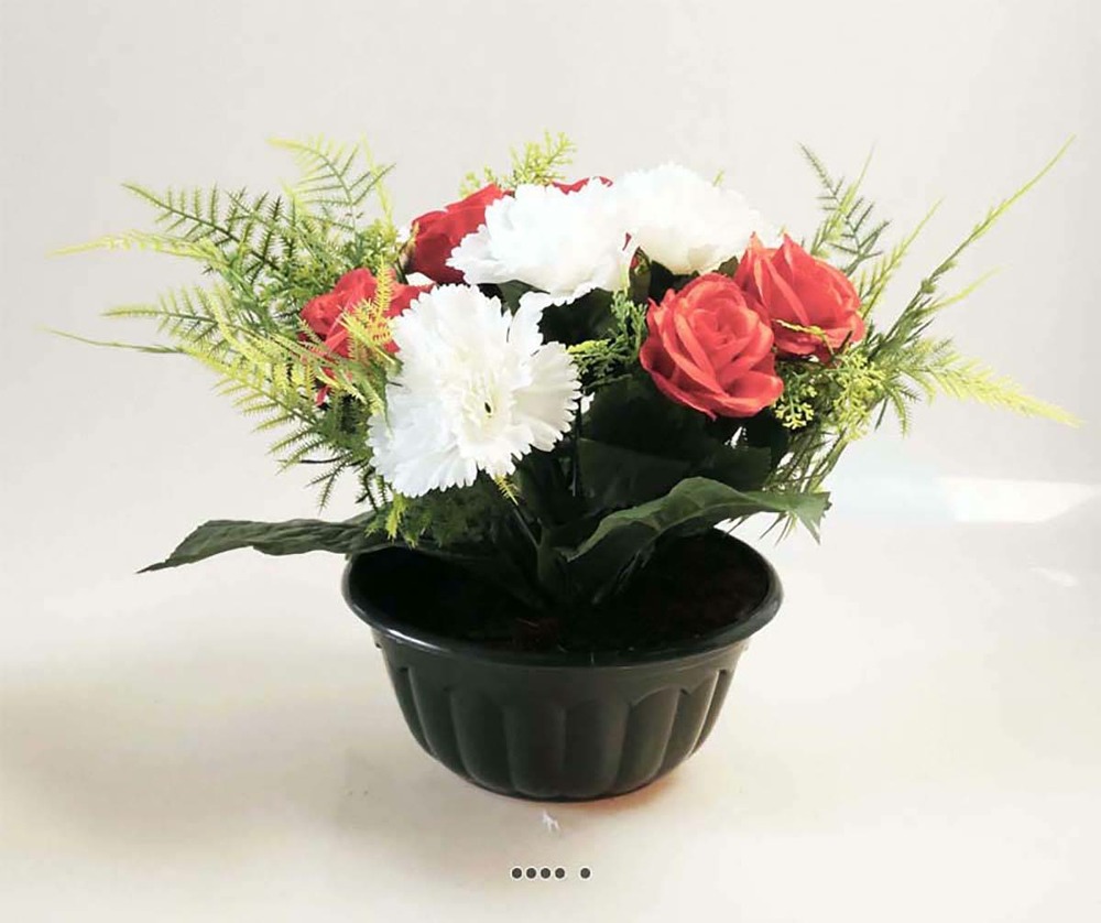 Composition fleurs artificielles pour cimetière vasque roses et oeillets h 28 cm