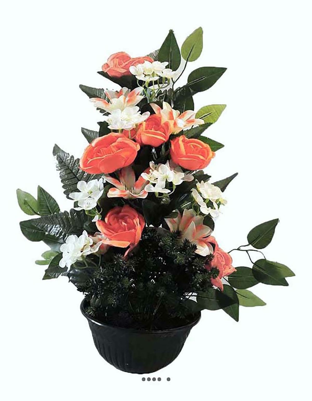 Fleurs artificielles pour cimetière vasque roses, lys, hortensias et buis h55cm