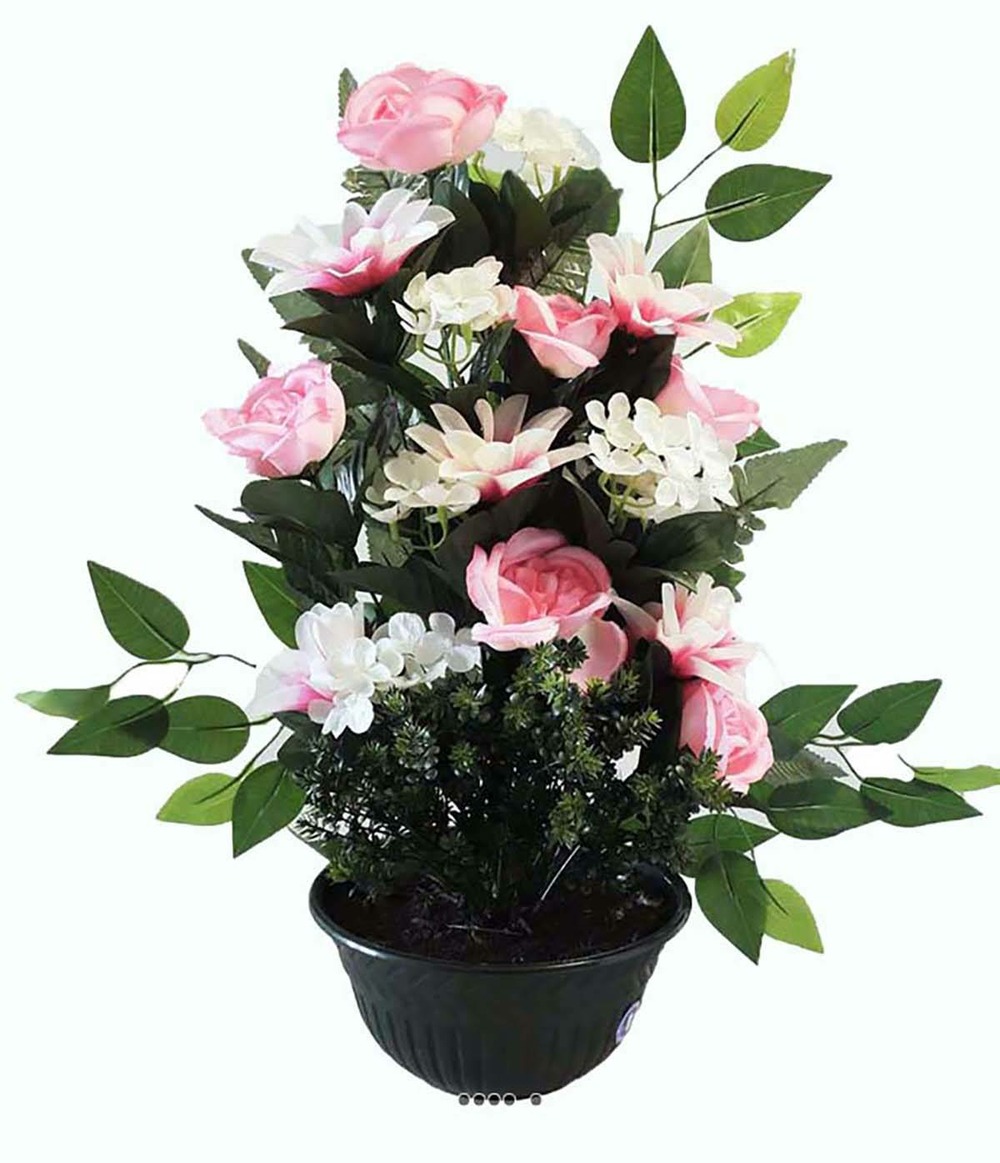 Fleurs artificielles pour cimetière vasque roses, lys, hortensias et buis h55cm
