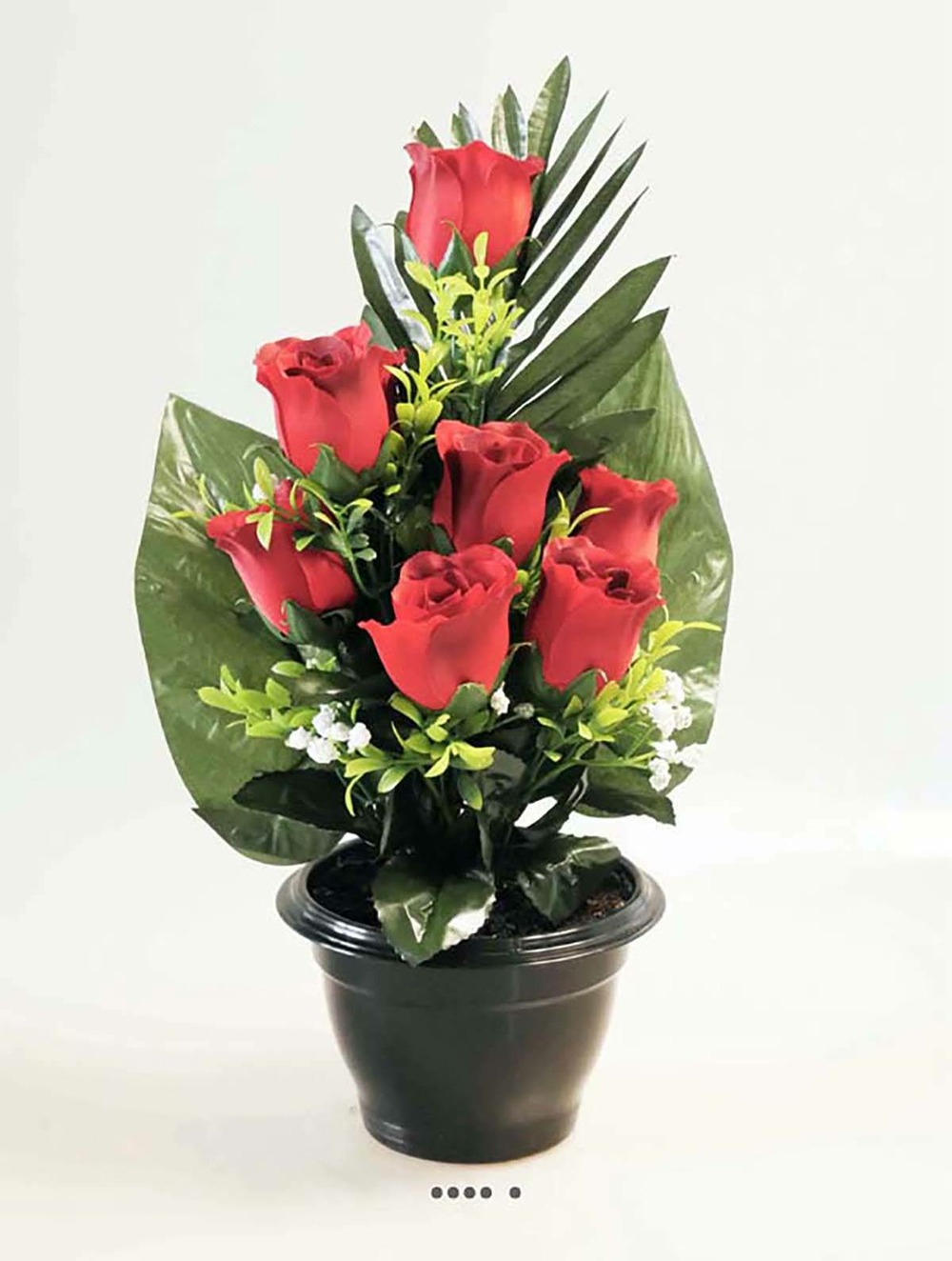 Composition fleurs artificielles pour cimetière pot roses et gypsophiles h 38 cm