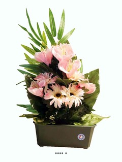 Composition fleurs artificielles pour cimetière jardinière gerberas et alstroemerias H 50 cm L 28 cm - couleur: Rose-crème