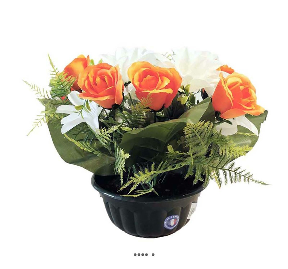 Composition fleurs artificielles pour cimetière vasque roses et mini lys h 35 cm d 35 cm orange - couleur: orange