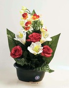 Composition fleurs artificielles pour cimetière mini-jardinière ovale - couleur: rouge-blanc
