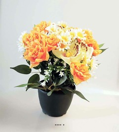 Composition fleurs artificielles pour cimetière pot roses, marguerites et orchidées H 39 cm D 35 cm - couleur: Jaune