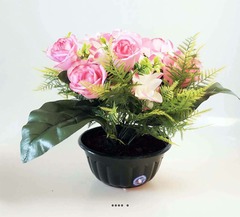 Composition fleurs artificielles pour cimetière vasque roses et mini lys H 35 cm D 35 cm Rose souten - couleur: Rose soutenu