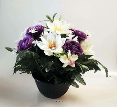 Composition fleurs artificielles pour cimetière vasque camélias et dahlias H 32 cm D 34 cm Pourpre - couleur: Pourpre-crème