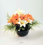 Composition fleurs artificielles pour cimetière vasque lys et gerberas h 28 cm d