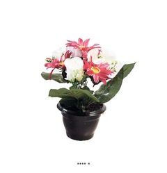 Composition de fleurs artificielles pour cimetière pot roses et gerberas H 29 cm D 30 cm Rose fushia - couleur: Rose fushia