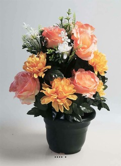 Fleurs artificielles pour cimetière en pot roses et dahlias pompons H40cm D28cm Saumon - couleur: Rose saumon