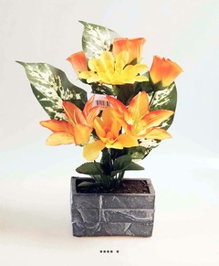 Composition fleurs artificielles pour colombarium roses, lys et dahlias H 32 cm L 25 cm Orange - couleur: Orange